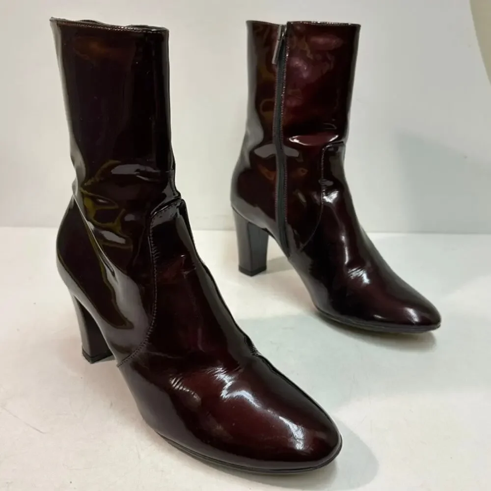 WORN TWICE Aquatalia Women's Burgundy Patent Leather Boots Heels Size Zip 10 M